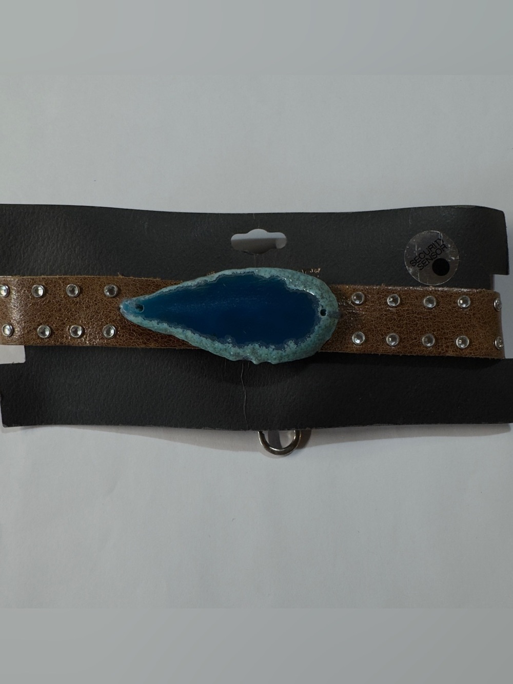 11” adjustable Blue Agate Stone Studded Brown Leather Choker